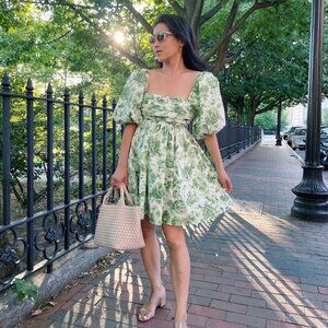 ABERCROMBIE Emerson Green Floral Puff Sleeve Mini Dress SMALL TALL